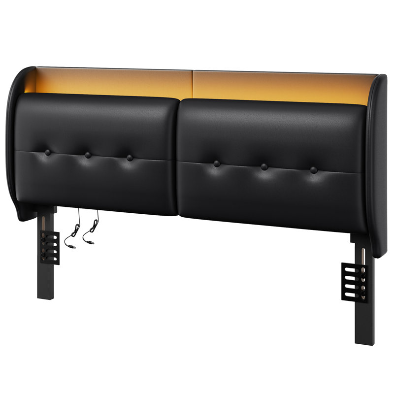 Tête de lit tapissier à oreilles avec tablette de rangement, USB et lumière ambiante, Très grand lit, Noir