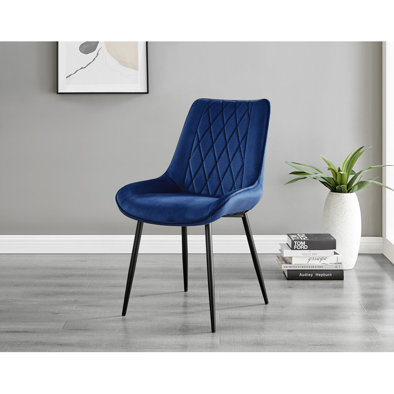 Simsbury Velvet Modern Upholstered Quilt Stitched Tapered Metal Leg Luxury Dining Chairs, Black, Navy