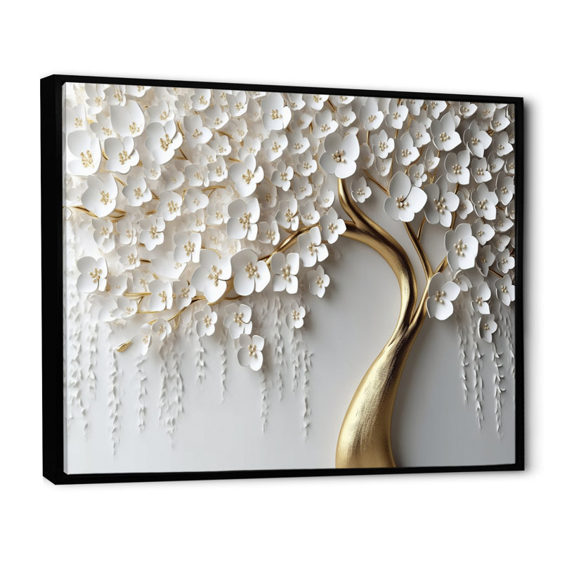 Orchidée blanche et dorée, jardin de branches IV - impression d'art mural floral (sans texture), H 30 po x l 40 po, Noir