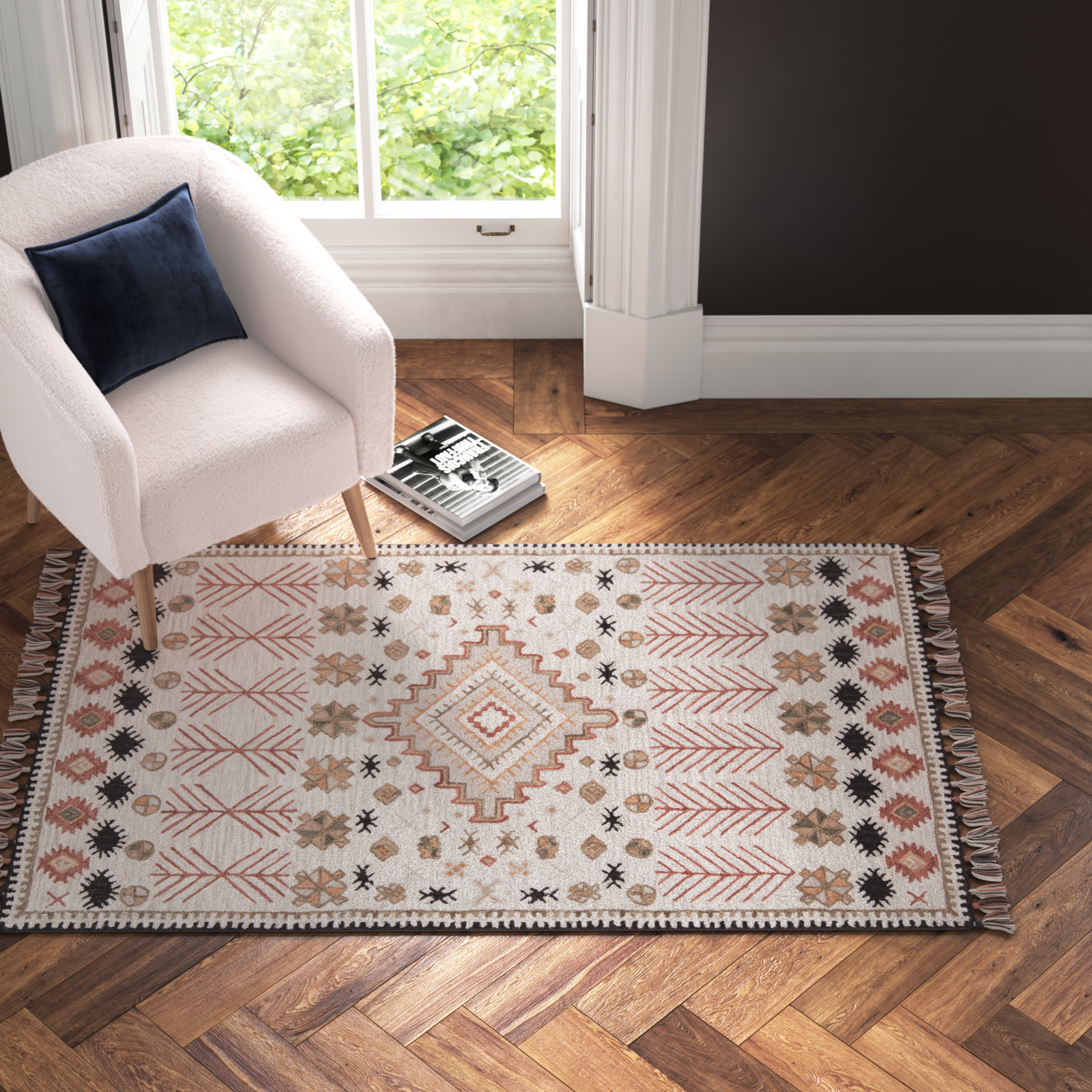 Anine Pink Beige Hand-Woven Wool Rug, Rectangle 3'6" x 5'6"