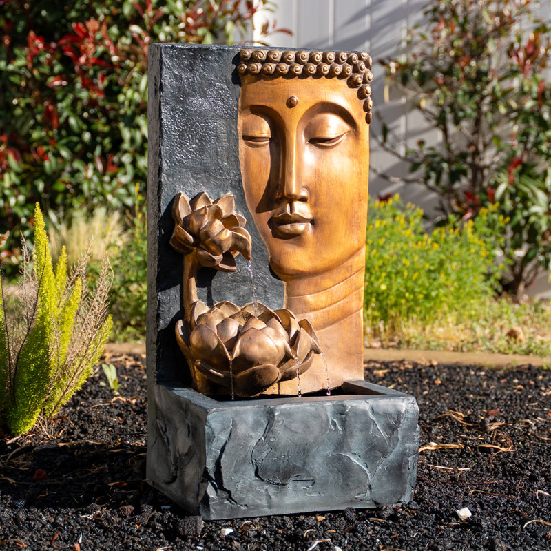  30" H Zen Buddha Face Water Fountain w/ LED light & Pump, Indoor/Outdoor Freestanding, Relaxing Zen Décor, Bronze and Natural Grey Polyresin Fountain for Home Patio Garden Backyard