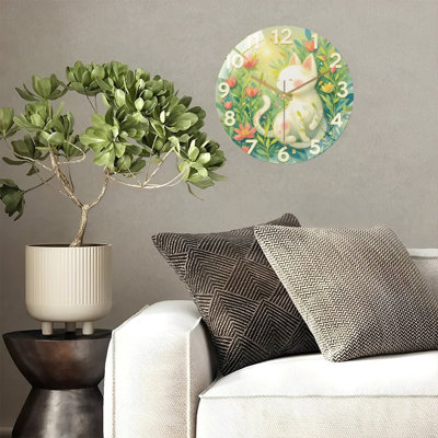 12-Inch Silent Tempered Glass Wall Clock, " Kitten Floral Clock ” Silent Non-Ticking Clock, Battery Operated (AA Batteries Not Included), Artistic Home Decor