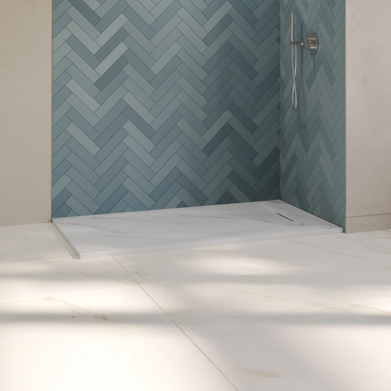 Receveur de douche rectangulaire extra-plat Lenora 152,4 cm x 91,4 cm avec bonde latérale dissimulée, blanc Carrara
