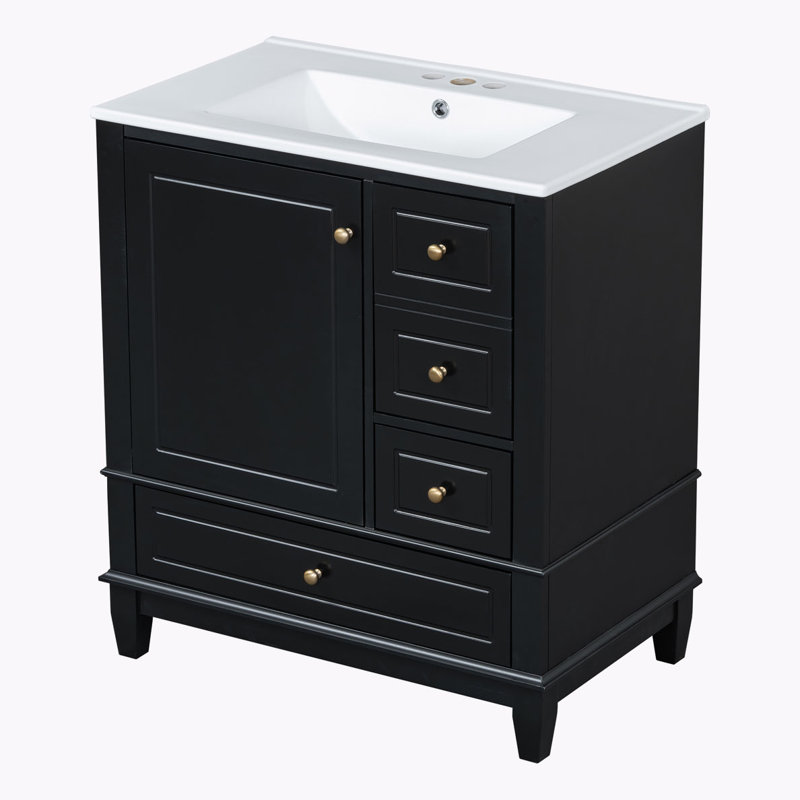 Meuble-lavabo 30 po avec lavabo, une porte avec tablette et trois tiroirs, Noir, noir, noir, noir
