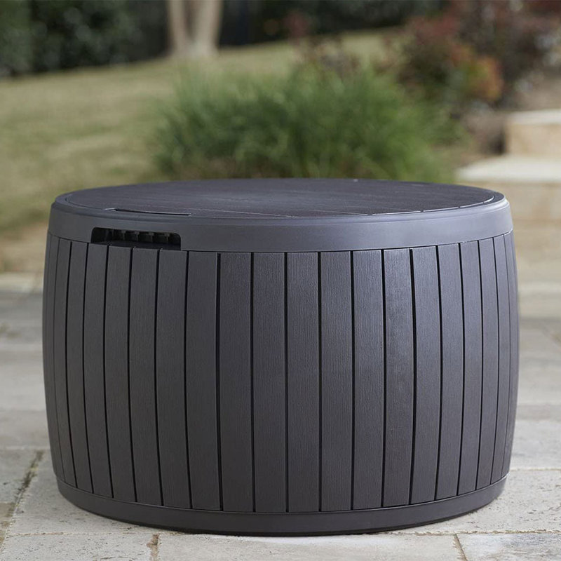 Brown Circular Resin Patio Deck Storage Box with Wood Texture