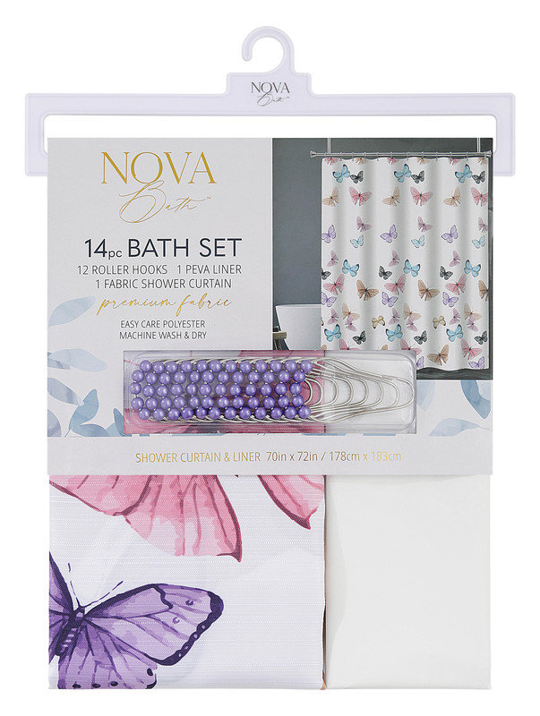 14PC Butterfly Colour Shower Curtain Set, Blanc