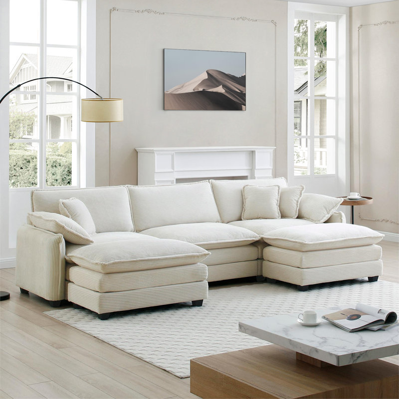 Kaoruko Oversized Modular Cushioned Sofa With Conversible Ottoman, 3-seater Sofa With 2 Footstools, White
