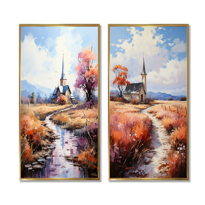 «Countryside Chapel In Usa I», ensemble de 2 décorations murales d'églises, H 40 po x l 41 po, Encadrement doré