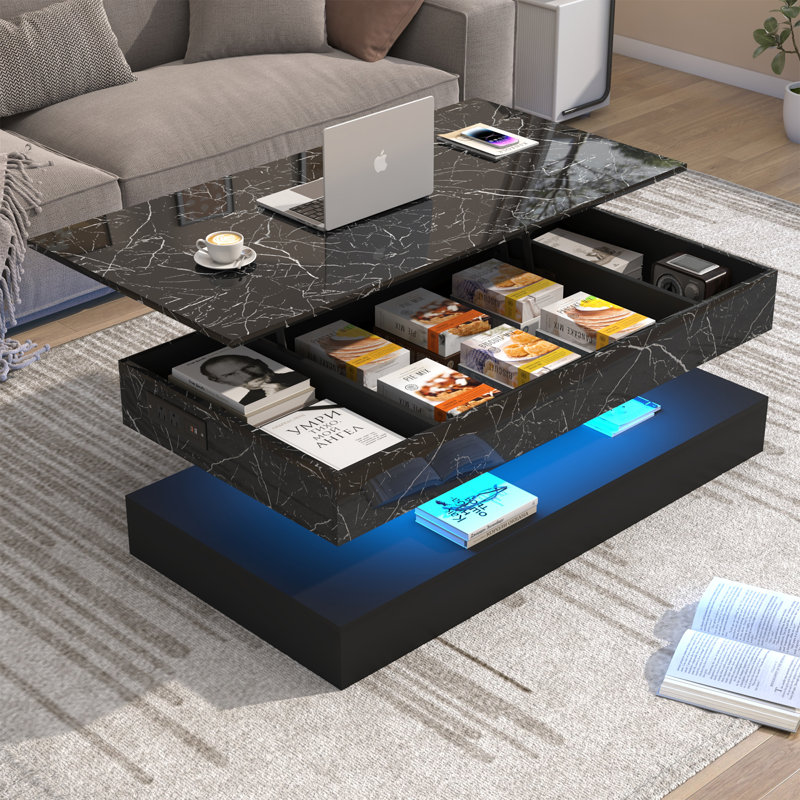 Table basse à plateau relevable de 47,3 po avec lumières DEL RVB APP, station de charge USB et CA, table de rangement haute brillance réglable en hauteur pouvant supporter 180 lb