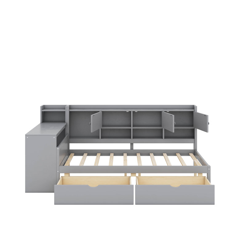 Full Size Daybed With Storage Cabinets And 2 Drawers, Wooden L-Shape Daybed Frame With Study Desk And Built-In Bookshelf