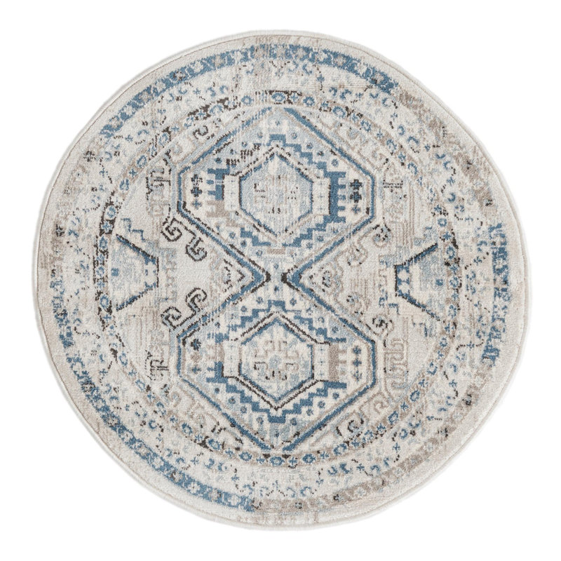 Tapis oriental gris / bleu Fleeton, Rond 3 pi 1 po