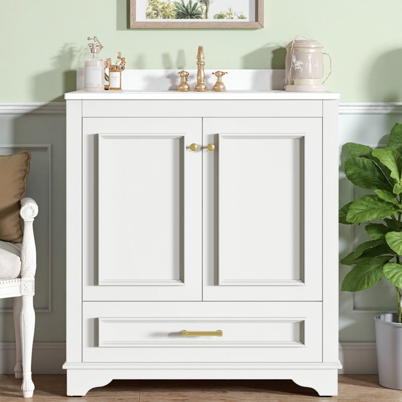 Meuble-lavabo de 30 po d'inspiration française avec lavabo en céramique | Structure en bois massif, 2 portes à fermeture en douceur avec tablette et tiroir réglables, rayures sculptées pour un charme rétro