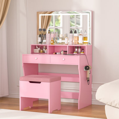 Makeup Vanity Desk Set With Mirror Light Dressing Table Storage Power Outlet Adjustable Brightness by Wrought Studio