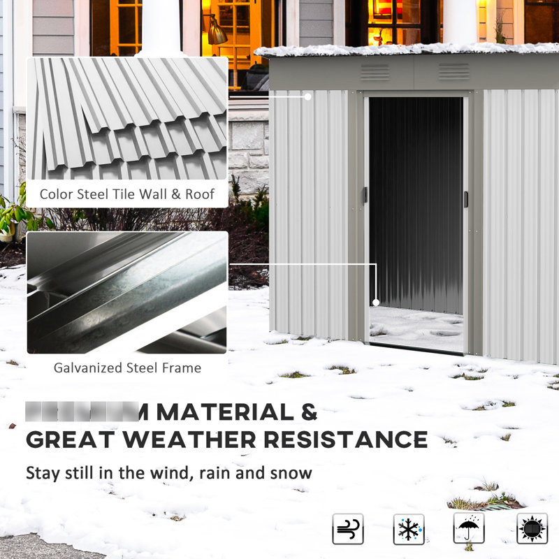 7' X 4' Metal Garden Shed - Silver, Double Sliding Doors, 2 Air Vents For Outdoor Storage , Doors & Vents, Backyard, Lawn, Patio