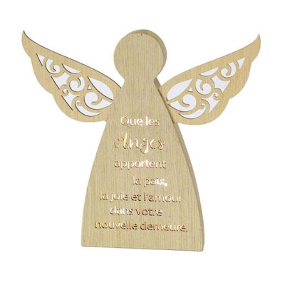 10" Wood Veneer LED Angel "Que Les Anges Apportent La Paix, La Joie Et L'amour Dans Votre Nouvelle Demeure" Night Light