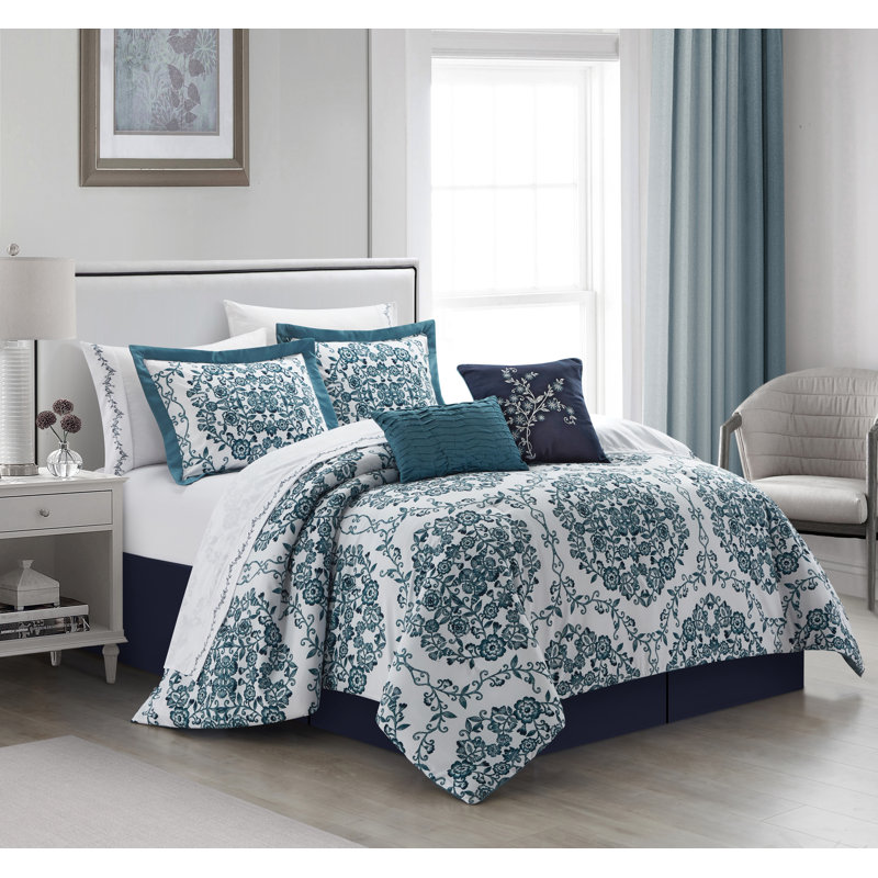 Blythe Blue/White Microfiber 10 Piece Comforter Set, King Comforter + 9 Additional Pieces