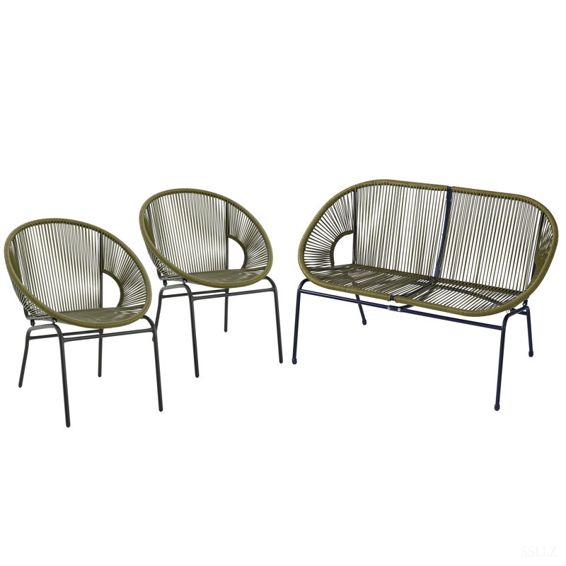 NUSA OUTDOOR PATIO FAUX WICKER METAL 3PCS CHAT SET, 2PCS CLUB CHAIRS AND 1PC LOVESEAT, Brown
