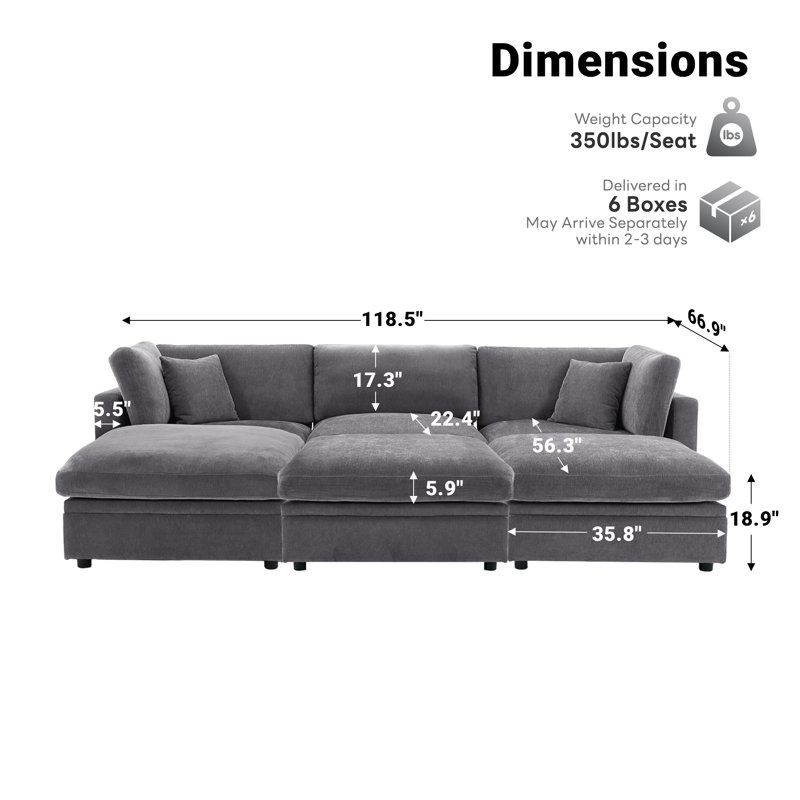 Canapé modulaire surdimensionné rembourré en duvet 6 places avec repose-pieds avec rangement Cloud, Gris clair