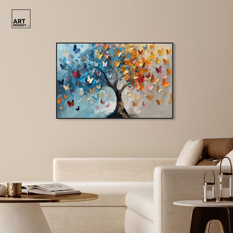 «Fluttering on Tree III», toile colorée par Art Remedy, H 37 po x l 55 po x P 1,8 po, Cadre flottant noir