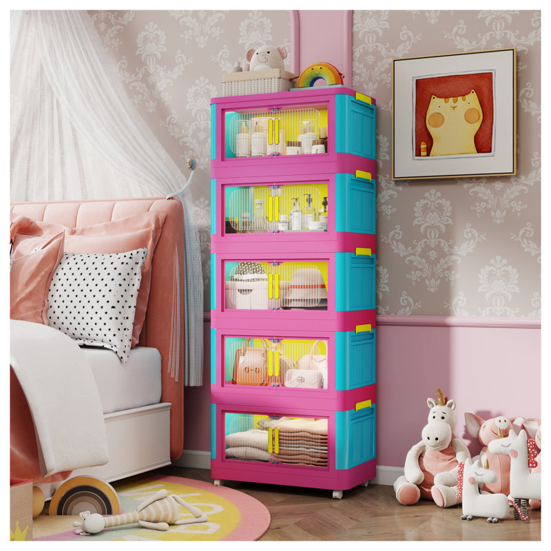 Happy Color 20" Wide Folding Storage Cabinet with 5 Tiers, Magnetic Door and Wheels - Pink & Blue Collapsible Organizer for Home, Dorm Room & Office