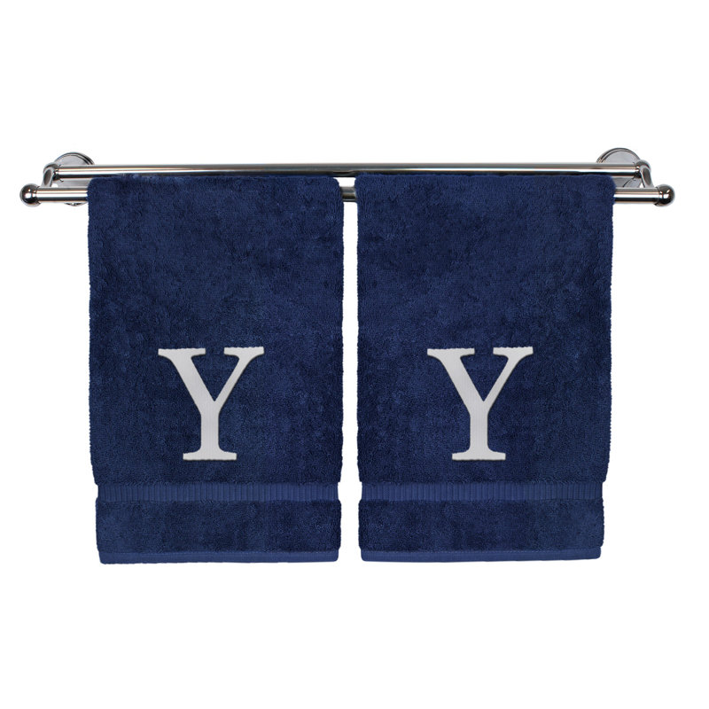 Essuie-mains monogrammés - ensemble de 2 - lettre bloc, Bleu marine/blanc, Y
