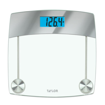 Balances numériques Taylor pour poids corporel, capacité très élevée de 440 lb, écran ACL bleu unique, plateforme en verre en acier inoxydable, 12,4 po x 12,4 po, transparent