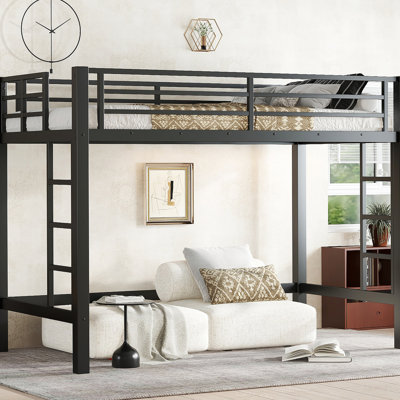 Lit mezzanine en métal, base de lit avec échelle facile à monter et garde-corps
