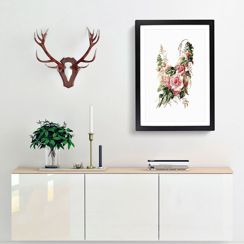 Hollyhock Flower Illustration - Framed Print, 48cm H x 36cm W x 2cm D, Black Framed