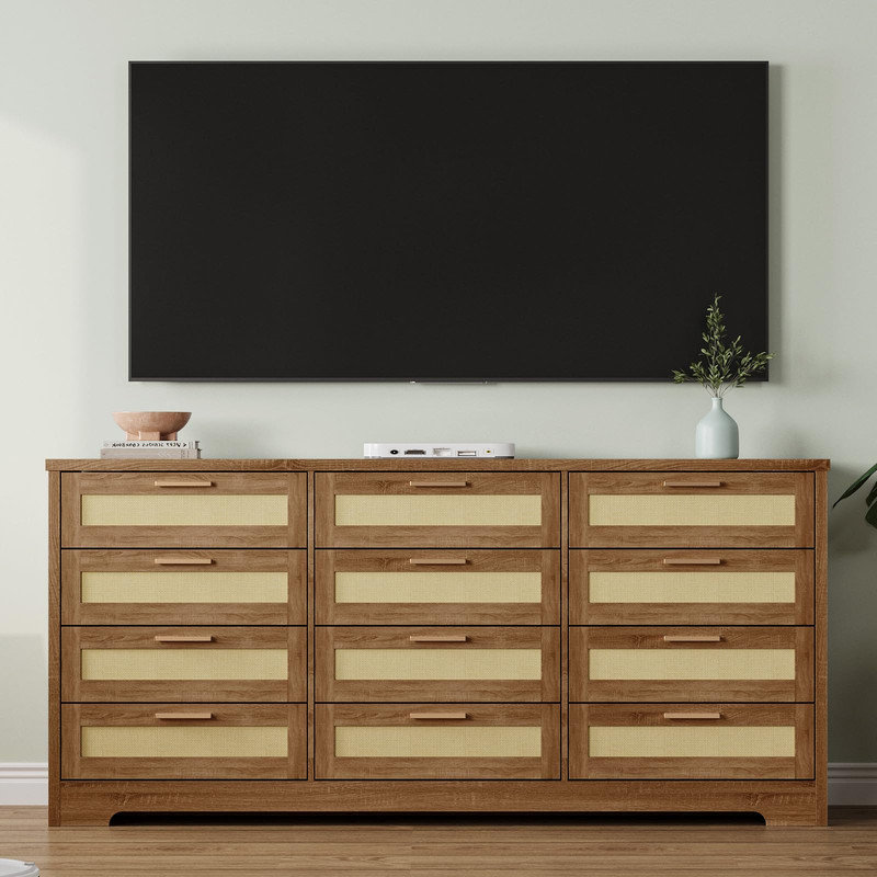 Commode 12 tiroirs en rotin - Commode de rangement moderne style campagne pour chambre à coucher, placard, salon et couloir