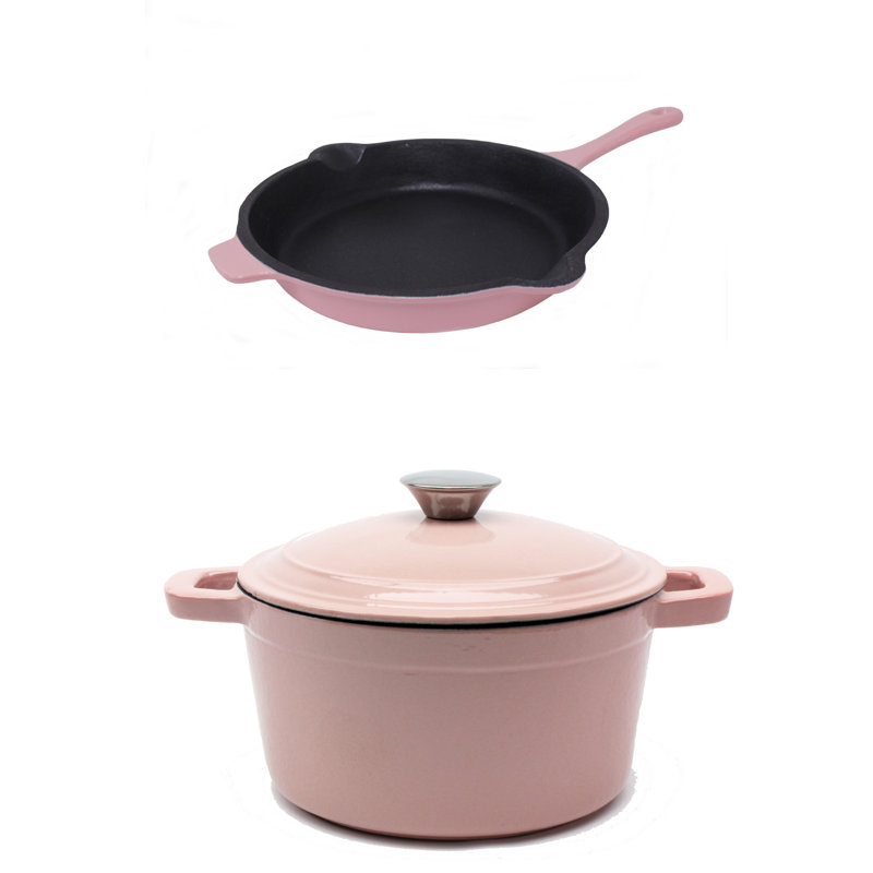 Neo 3Pc Cast Iron Cookware Set: 3Qt Cov Dutch Oven & 10" Fry Pan, Pink