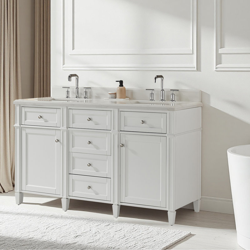 Meuble-lavabo autoportant à double cuve 60 po avec comptoir en quartz entièrement assemblé