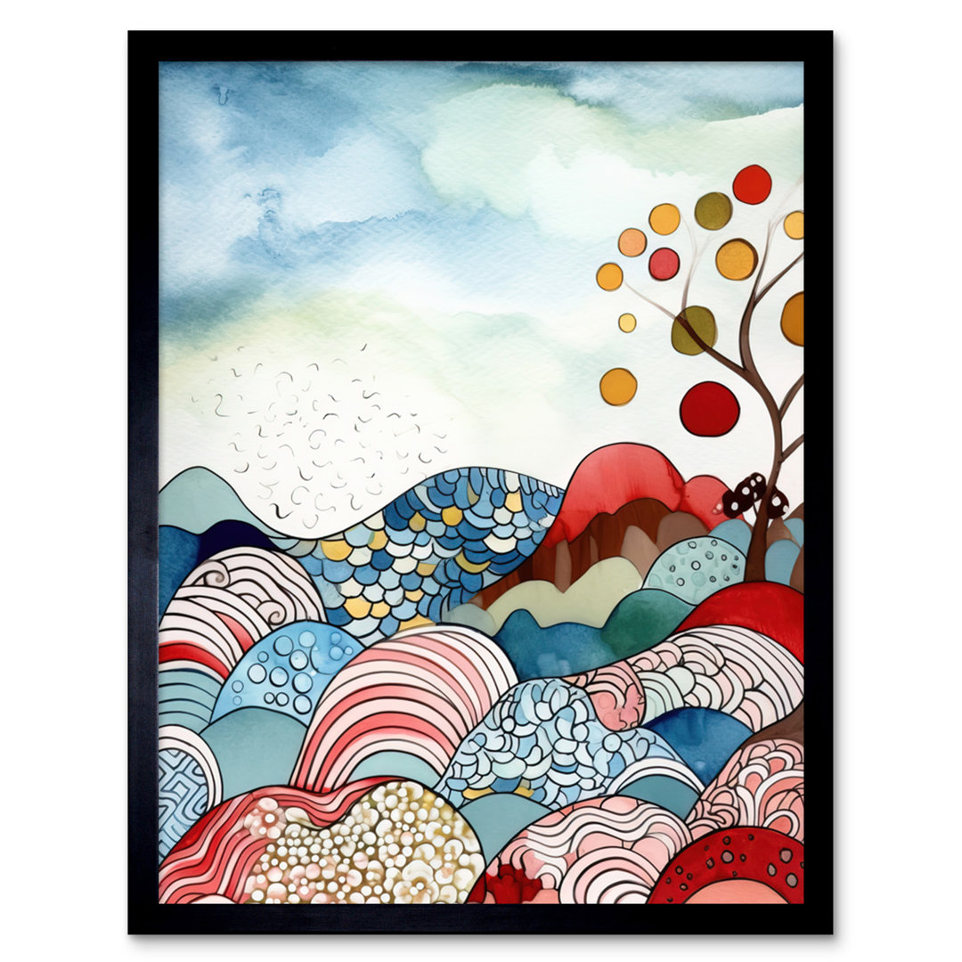 Abstract Tree On Sea And Landscape Folk Art Artwork Framed Wall Art Print 9X7 Inch