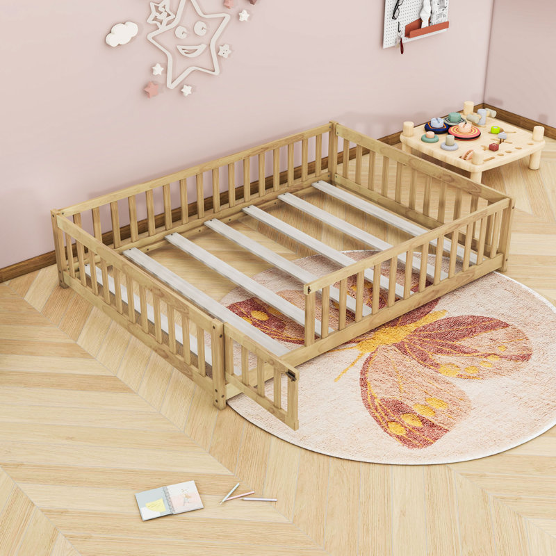 Lit en bois avec clôture, Double, Naturel
