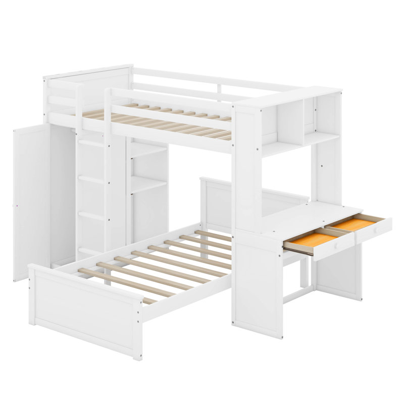 Lit mezzanine simple avec lit autonome, tablettes, bureau et garde-robe, Blanc