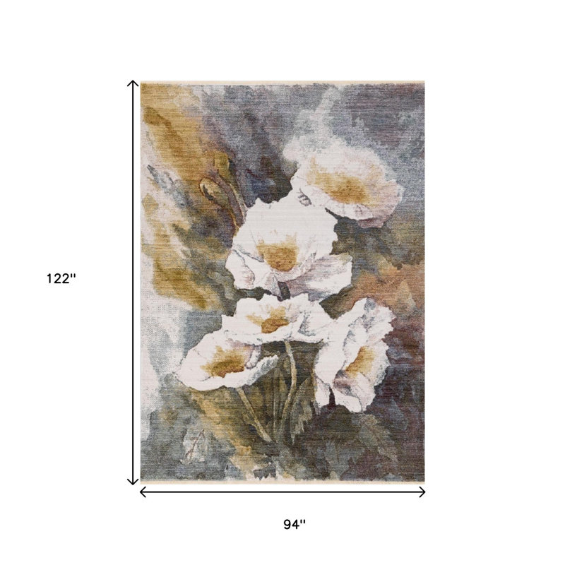 Tapis bleu crème et jaune à feuilles botaniques 8 pi x 10 pi