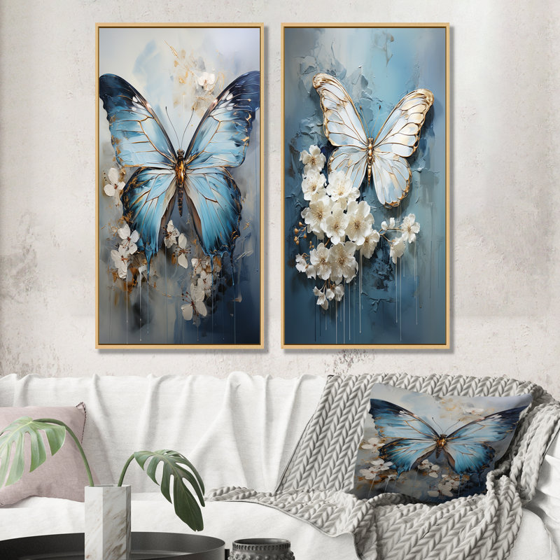 Butterfly Ethereal Blues Form Abstract Elegance - Ensemble de 2 décorations murales papillon, Cadre flottant brun