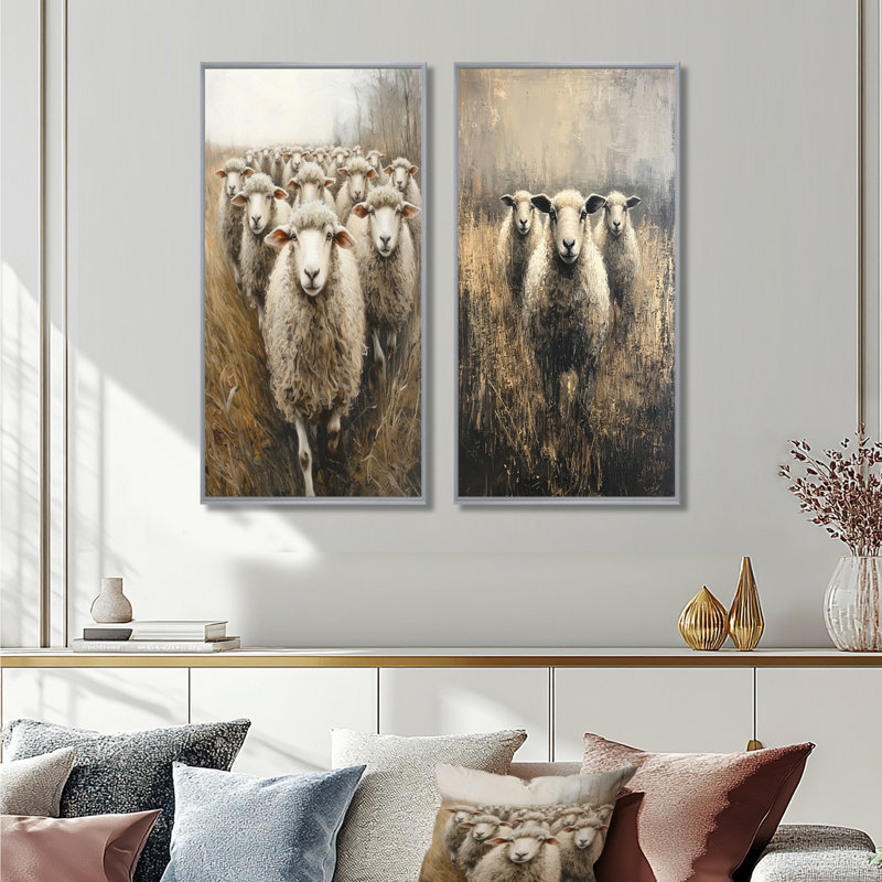Minimalisme moutons Woolly Wanderers I - animaux, collection d'art mural 2 panneaux, Silver Floater Framed, H 32 po x l 33 po