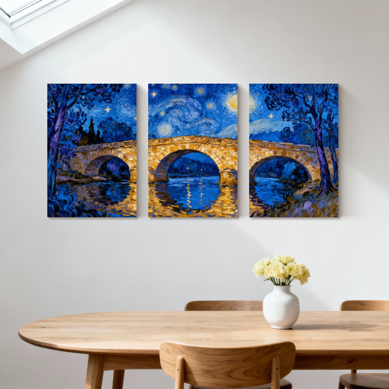 «Abstract Starry Night Bridge Reflection Landscape», ensemble de 3 impressions sur toile, H 18 po x l 36 po