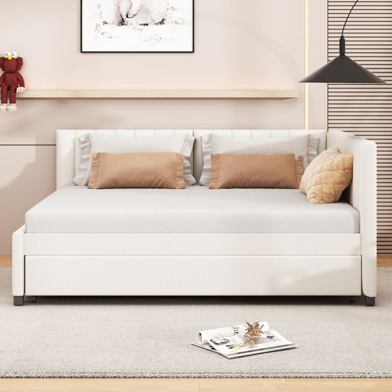  Upholstered Daybed with Trundle Sofa Bed Frame, No Box Spring Needed, Versatile and Modern, Ideal for Hosting or Everyday Lounging, Linen Fabric