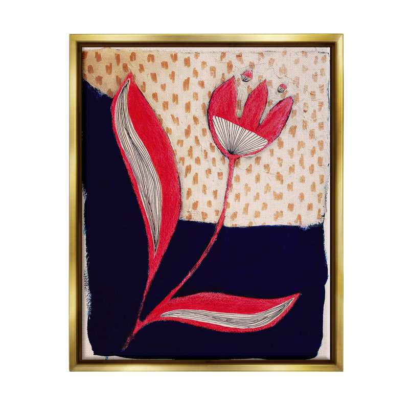Fleur abstraite rouge, Cadre flottant métallique doré, H 21 po x l 17 po x P 1,7 po