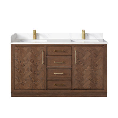 Meuble-lavabo double 60 po avec plateau en pierre de quartz blanc Jakarta