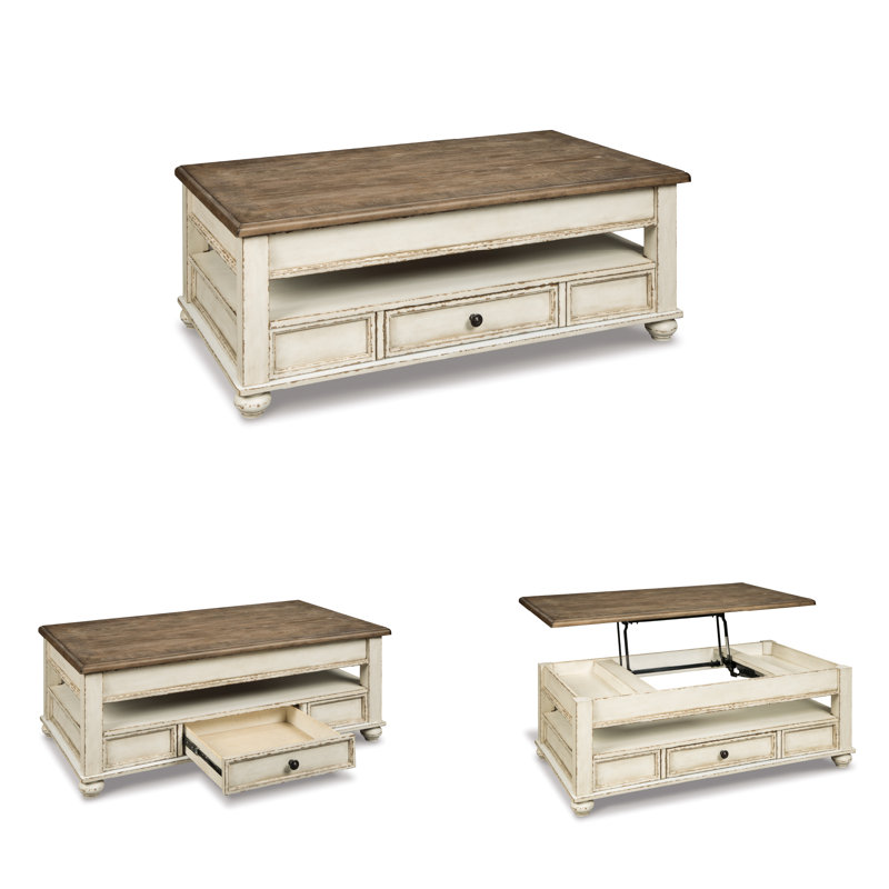 Table basse à plateau relevable Milaca, Plateau brun / base blanche antique