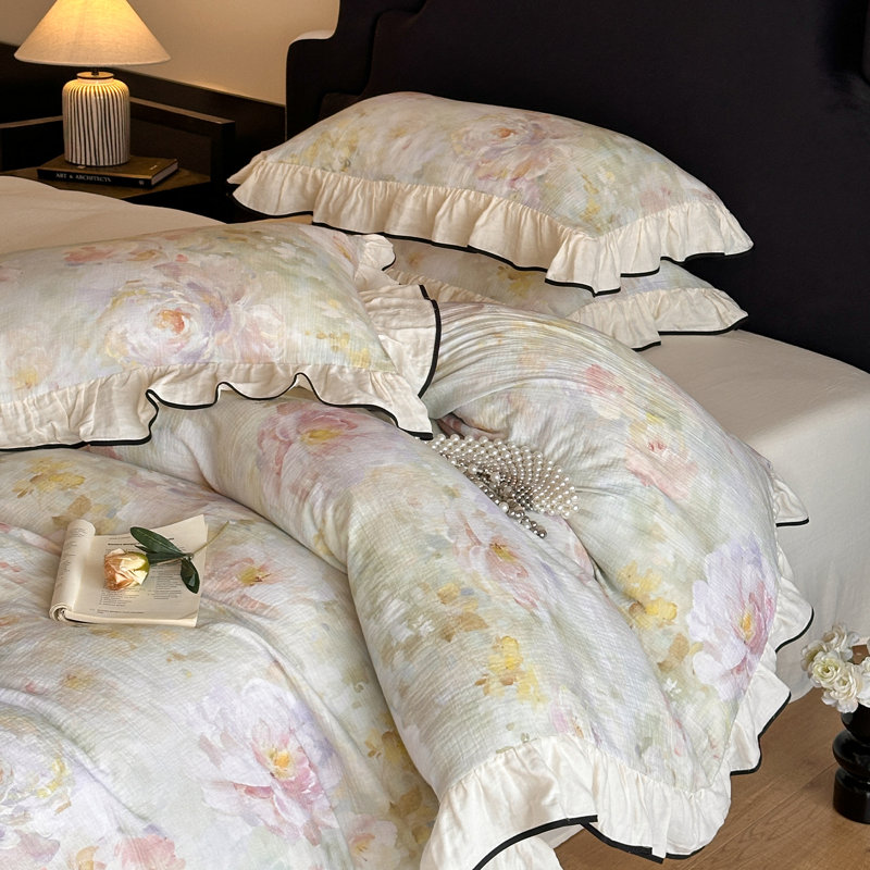 Floral Double-Layer Crinkle Cotton Duvet Cover Set, Beige, King Duvet Cover + 2 Pillowcases