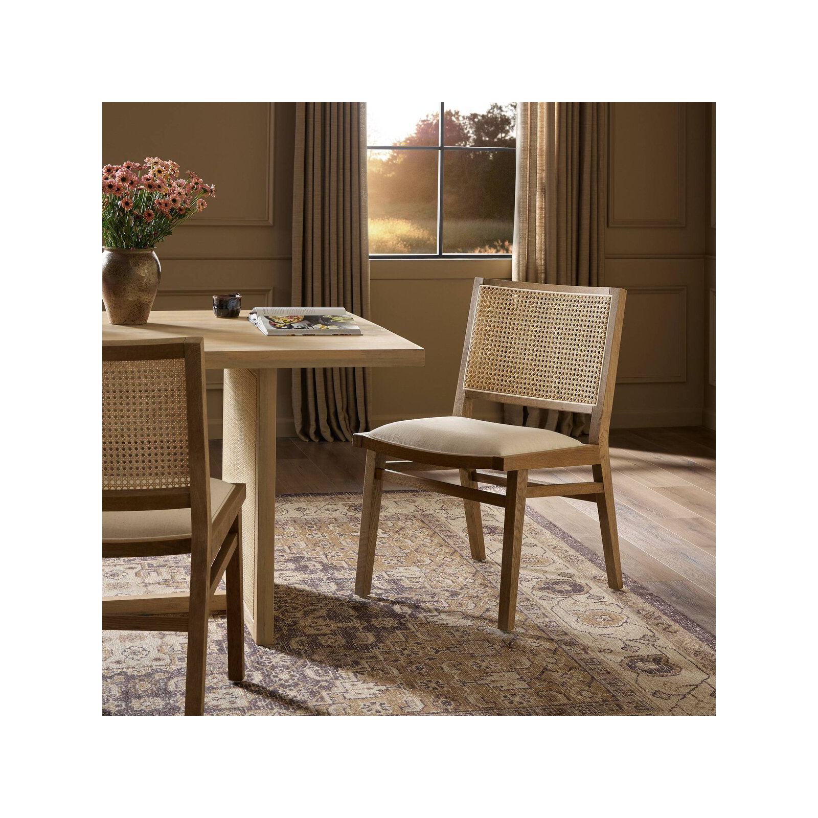 Miraz Cane Back Dining Chair, Toasted Oak, Cream Flax Polyester Blend