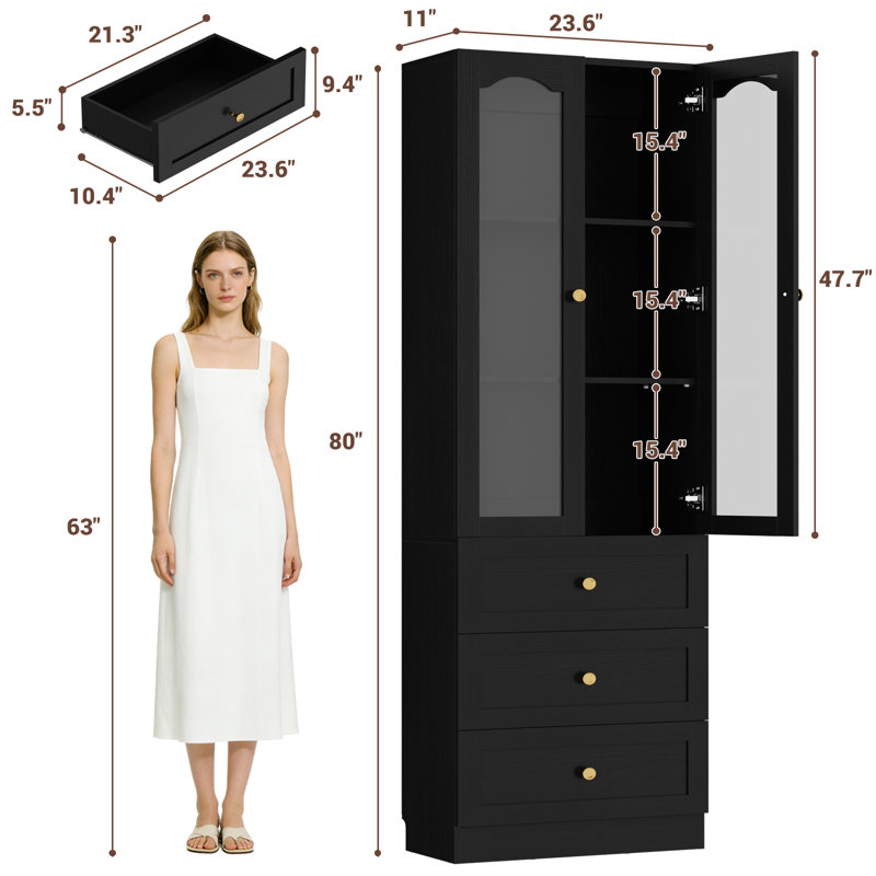 Armoire avec tiroirs en bois, armoire avec porte en verre, Black