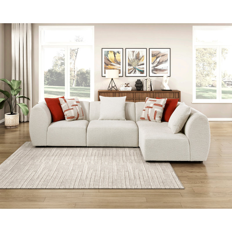 Ensemble de canapés d'angle modulaires luxueux 4 pièces, fauteuils sans accoudoirs, coussins beiges rembourrés, mobilier de salon moderne en bois massif.