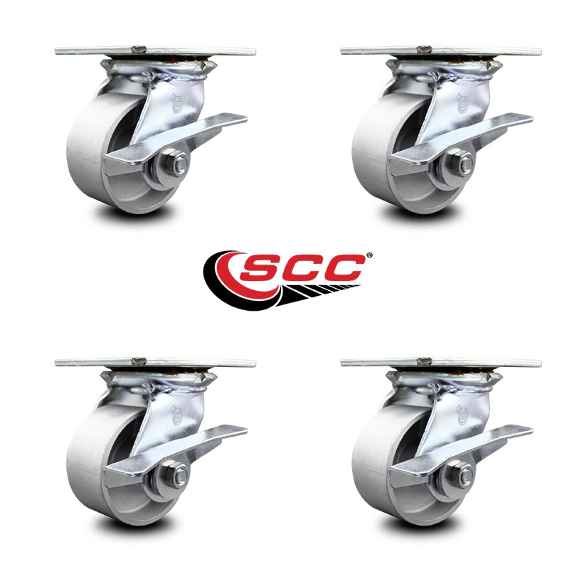 4 Inch Heavy Duty Semi Steel Caster Set with Ball Bearings and Brakes SCC