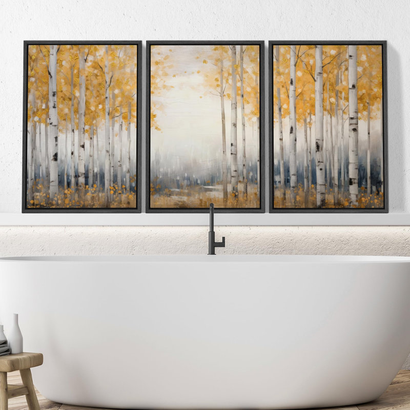 Birch Tree " Autumn Whisper Golden Aspens Seasonal Forest Landscape Illustration Rustic Artwork Ultra " 3 - Pieces, Noir