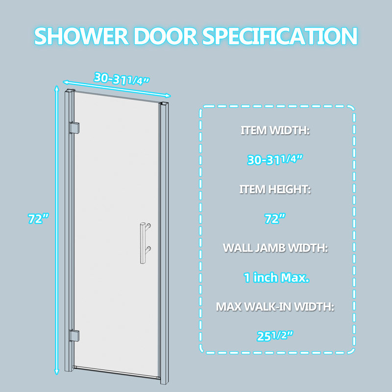 Porte de douche en verre pivotante sans cadre 30-31,25 "x H 72", Vers la gauche, Chrome