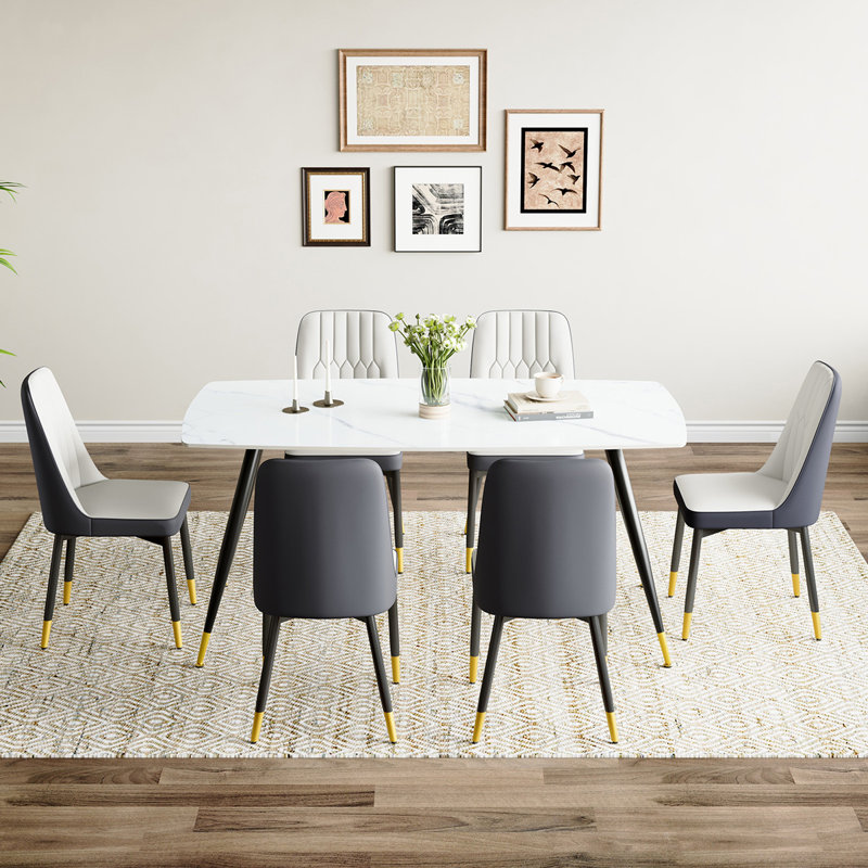 Ensemble repas en marbre, Blanc / gris, Noir, 7